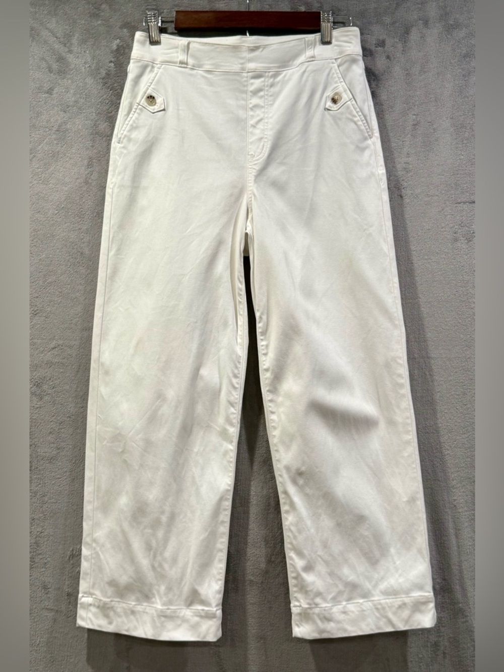 Spanx Womens White High Rise Twill Wide Leg Pull On Cropped Pants Size Med